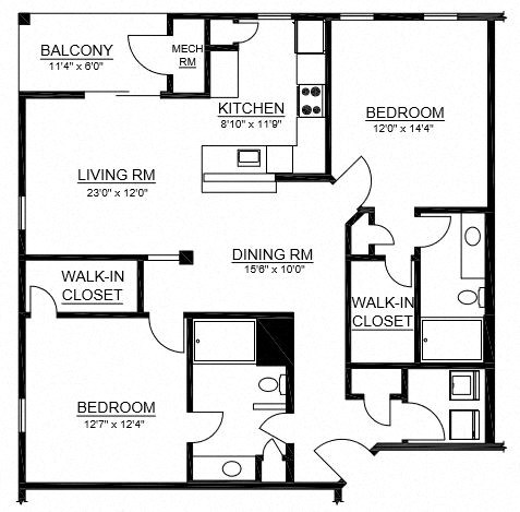 Floor plan for 2 beds, 2 baths, 1290 sqft